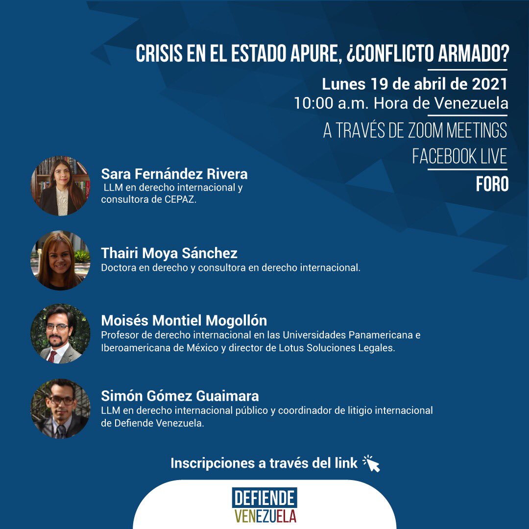 #HOY Te invitamos al foro "Crisis en el estado Apure, ¿Conflicto armado? " este próximo 🗓 lunes 19 de abril de 2021 a las 10:00 a.m con 
<a href="/simongomezg/">Simón Gómez Guaimara</a> <a href="/MoisesMontielM/">Moisés Montiel Mogollón</a> <a href="/saracfr/">Sara C Fernandez Rivera</a> @Iriaht

Inscripciones a través del link
us02web.zoom.us/webinar/regist…