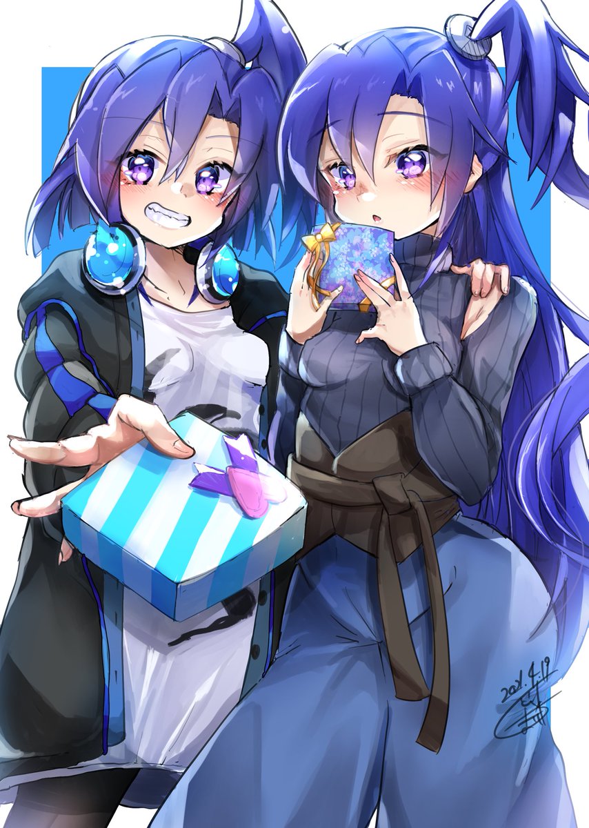 kazanari tsubasa multiple girls 2girls blue hair headphones gift smile one side up  illustration images