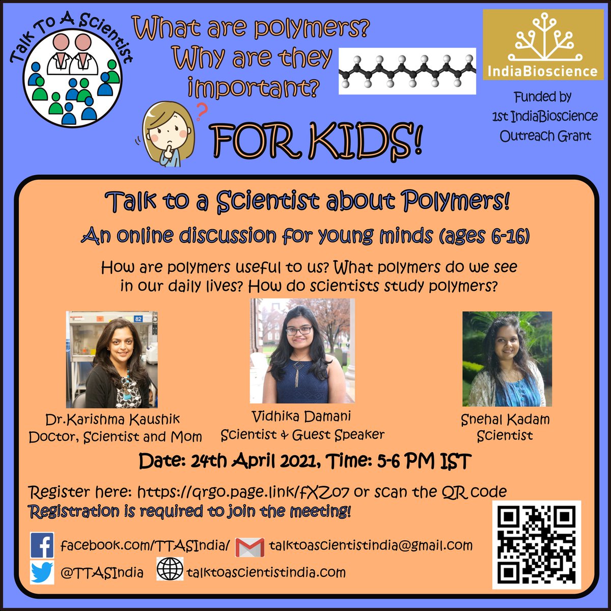 In our next session we are joined by @vidhika_damani , PhD student from University of Delaware! Vidhika is taking us into the world of polymers, how scientists study them and their role in our day-to-day lives. Date: 24th April, 5-6 pm Register here - qrgo.page.link/fXZo7