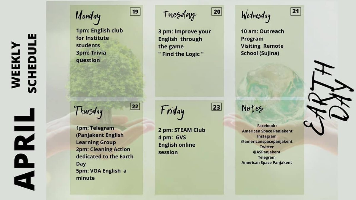 ASPanjakent's tweet image. Dear duston😀
➡️Please take a look to our  weekly schedule for  April 19-23.
➡️Welcome and  join our programs.
📎Before entering to the Space don&apos;t forget to wear your masks!
#Americanspacepanjakent
#VirtualPrograms
#inpersonprograms
#trainings
#contest
#забонианглисӣ