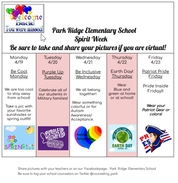 counseling_park's tweet photo. What better way to welcome our Patriots back than to have a Spirit Week! Be sure to take pictures and share them with us! https://t.co/0aL50kJemY