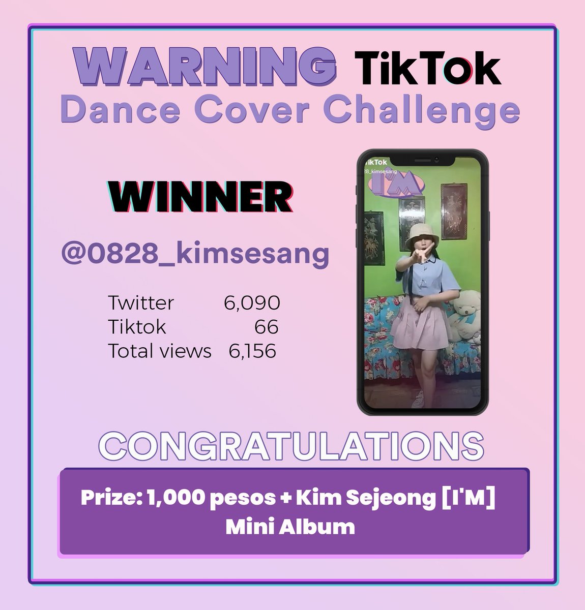 SejeongSesangPH's tweet photo. The Winner of our Tiktok Dance Cover Challenge is @0828_kimsesang! Congratulations! 👏💐🥳🥇💃
Please send us a DM for the details to claim your prize! Thank you to everyone who joined,till next time!
#KimSejeong #김세정 #WarningBySejeong #WarningDanceChallenge @0828_kimsejeong https://t.co/xtE2gBUkuH
