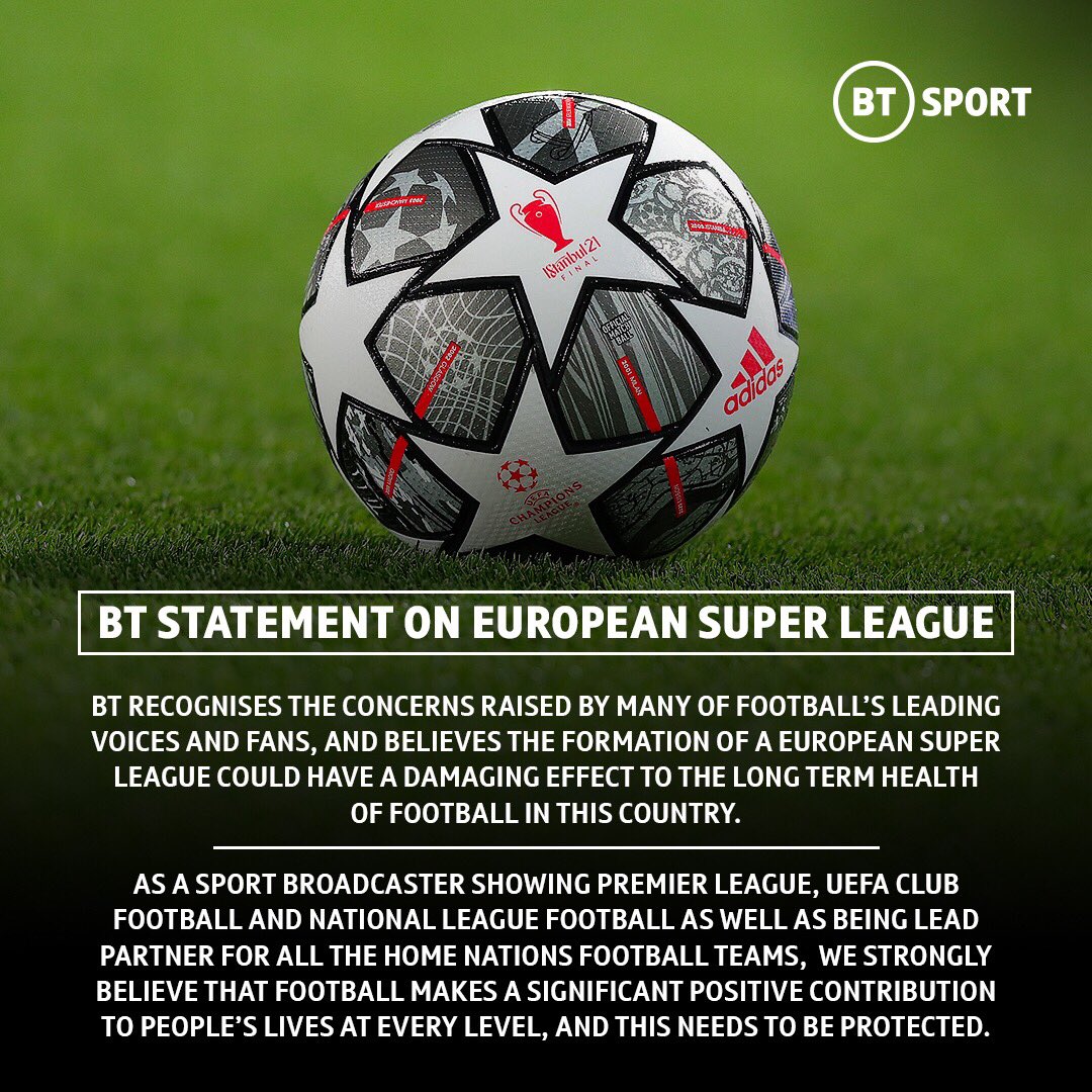 BT statement on the European Super League developments.