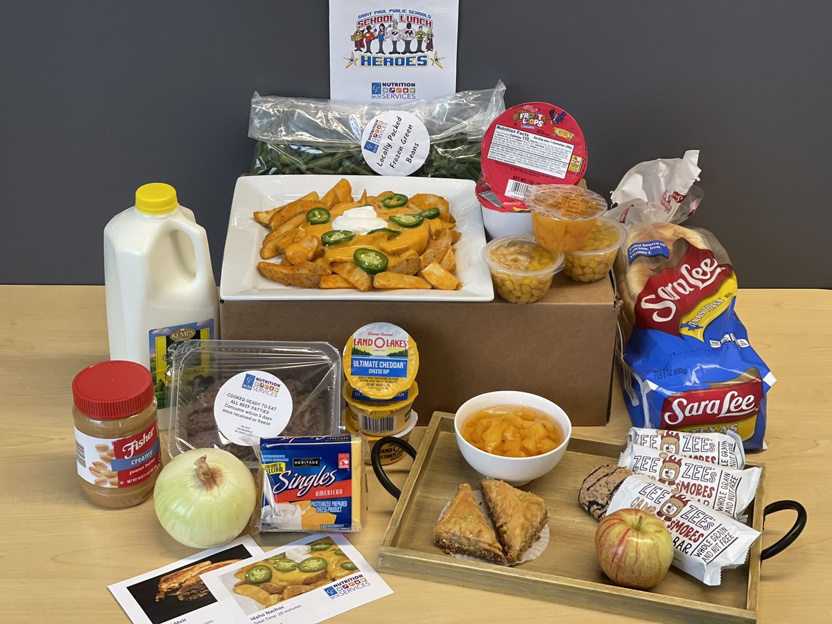 sppsnutrition's tweet photo. The meal box this week has everything you need to make Idaho Nachos and Patty Melts. Plus a bonus sweet treat~ baklava 😋. To register for meal boxes: https://t.co/ZzYT8xzi33 @SPPS_News #feedthekids #schoolfood #schoolmeals #schoolnutrition #schoollunch https://t.co/QY7QoZ1fsK