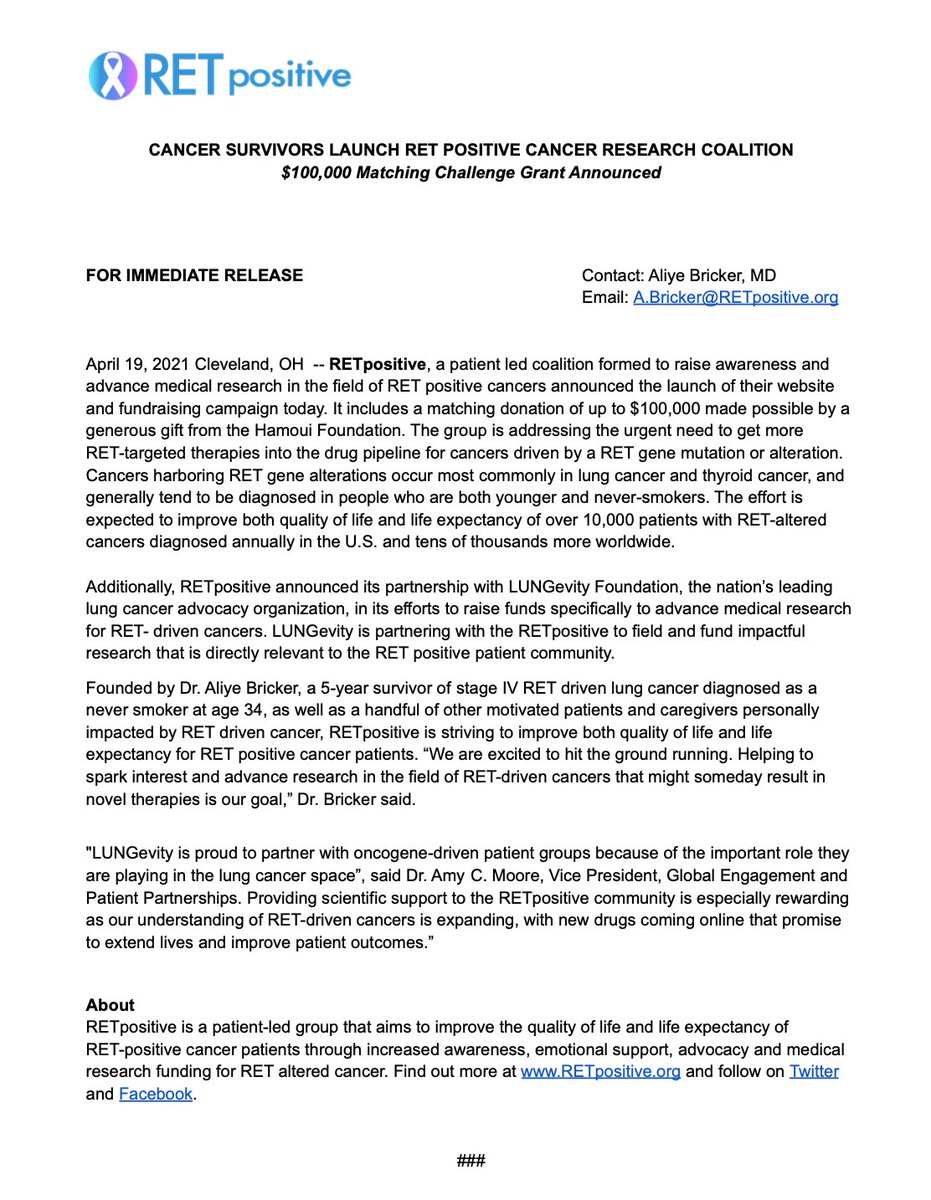 RETpositive has officially launched! We are a patient-led coalition formed to advance research on RET+ cancers. Through our partnership with @LUNGevity and a generous donation-matching program, we hope to fund lifesaving research. Join us at retpositive.org #RETcancer