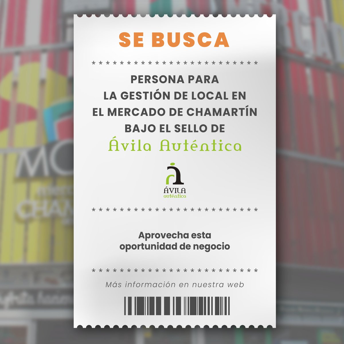 🔎 SE BUSCA 🔍
Estamos buscando una persona interesada en gestionar un local comercial en el <a href="/MCHM_Chamartin/">Mercado de Chamartin</a> bajo el sello #ÁvilaAuténtica 👱🏼‍♀️🧑🏻

¿Eres tú? No dejes pasar esta oportunidad de negocio 🙌🏼
Más información 👉🏼 avilaautentica.es/noticias/merca…