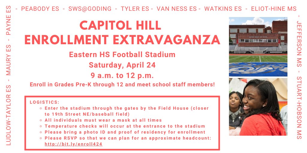 Join us an several Capitol Hill Schools for our Enrollment Extravaganza! Saturday April 24th 9am-12pm at the Eastern Football Stadium