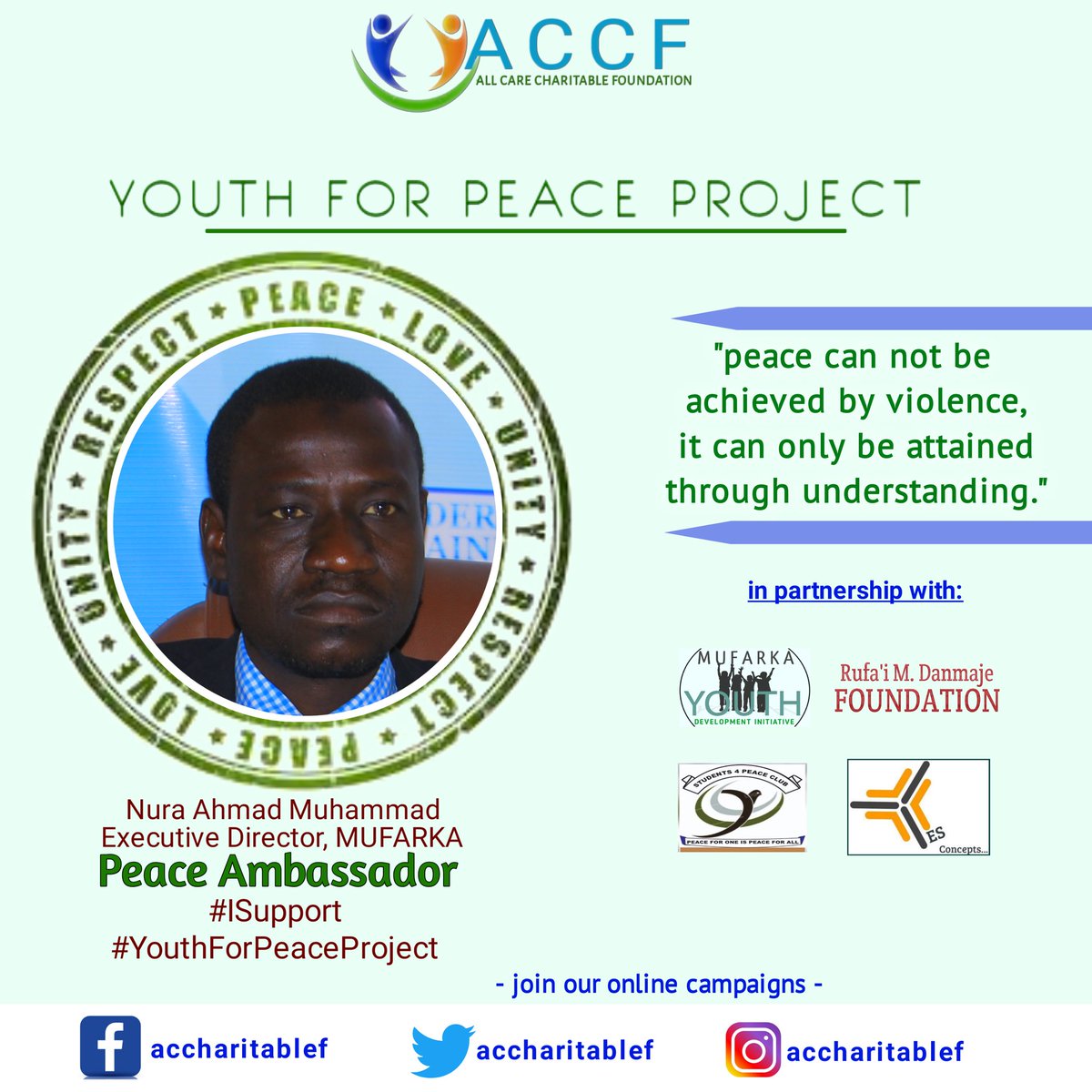 accharitablef's tweet image. YOUTH FOR PEACE PROJECT
we solicit for organizations and individuals to partner and collaborate with us in this project for better peace.
#SDG16
#ISupportYouthForPeaceProject
@yesconcepts1 @Jnwamson @operpetualhelp @clickpeace @USAIDSavesLives @USAIDAfrica