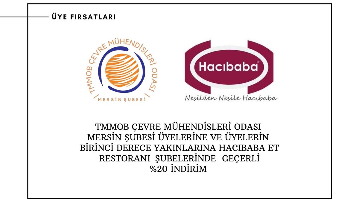 ÇMO Mersin Şube Üyelerimiz ve yakınlarına yönelik, 'Hacıbaba Et Restoranı' ile İndirim Sözleşmesi İmzalanmıştır.
İndirimden faydalanırken odamızın belirtilmesi ve sicil numaranız ile birlikte işlem yapabilirsiniz.