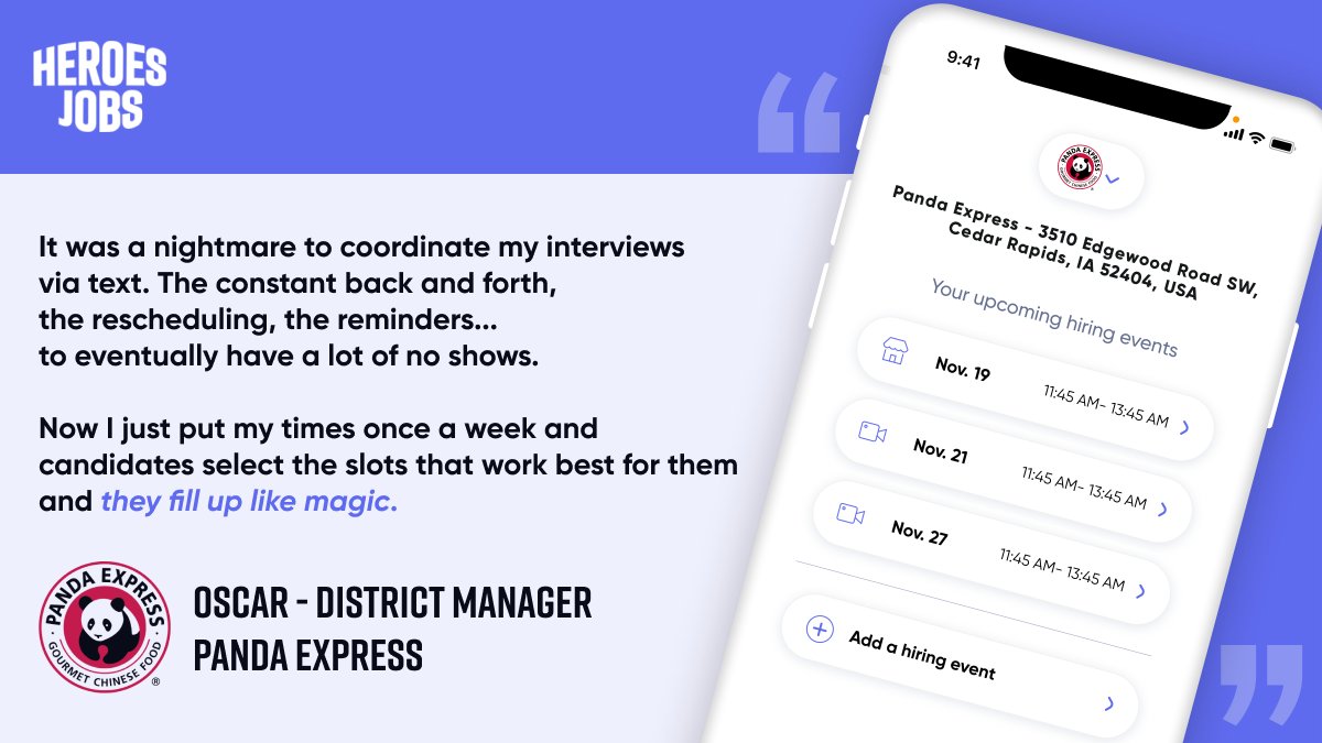 Like magic. Wonderful words from Oscar, a District Manager at Panda Express who loves our app. Try our hiring event platform for free, reduce your no show rate and streamline your hiring process. heroes.jobs 

#hrtech #recruitment #hiring