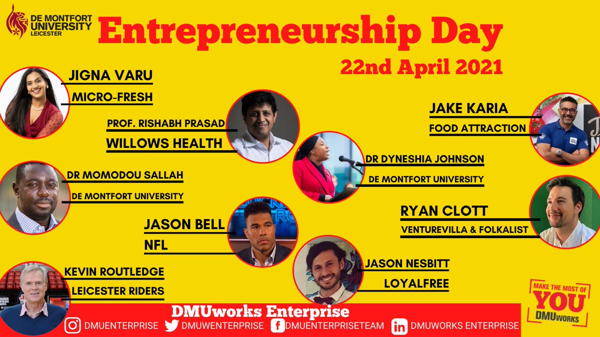 All of the confirmed speakers for our forthcoming Entrepreneurship Day! 

The event will take place this Thursday on 22nd April 2021.

Free tickets for this online, public event are available here: linktr.ee/dmuworksenterp…

#YourDMUfuture #Leicester #Entrepreneurship