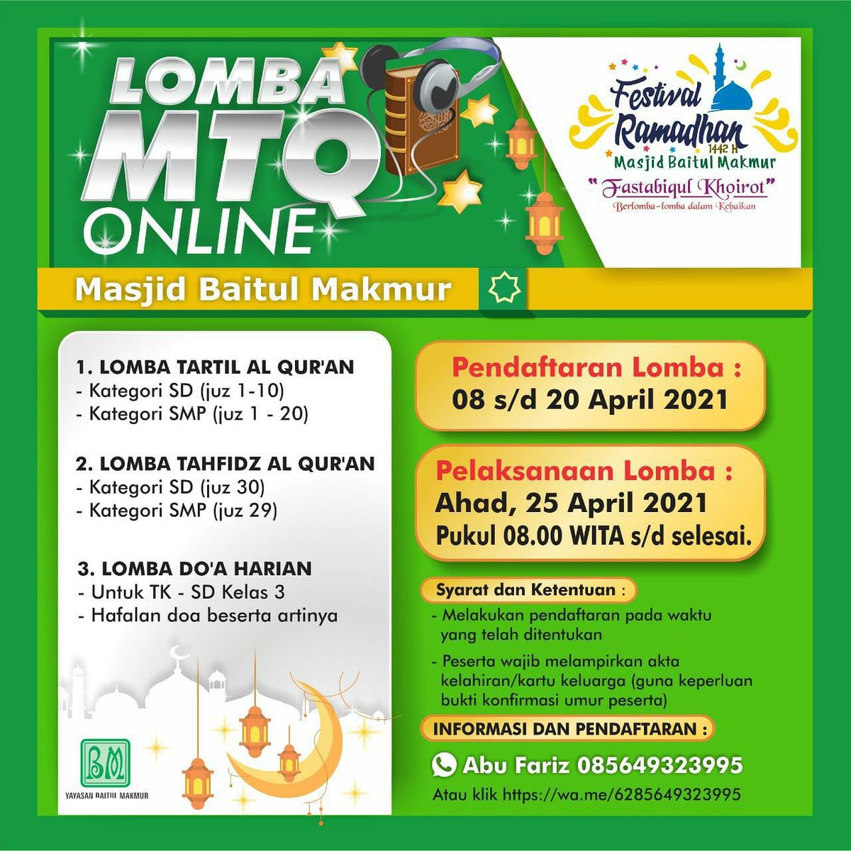 [Info Lomba] halo abang kakak 🤗 ayo ajak adik-adiknya buat ikutan Lomba MTQ bareng <a href="/baitulmakmurdps/">Masjid Baitul Makmur</a>