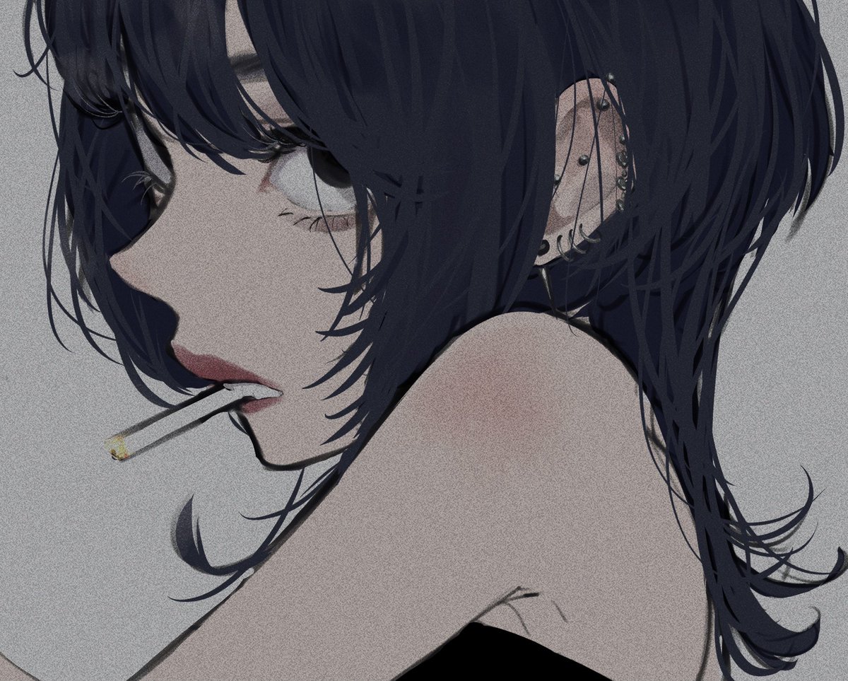 solo 1girl looking at viewer piercing cigarette short hair ear piercing  illustration images