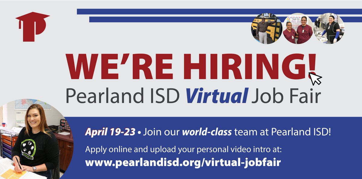 PearlandISD's tweet image. Participate in Pearland ISD&apos;s Virtual Job Fair now through Friday, April 23, and apply for job opportunities available in all campuses and several departments. Submit a job application and personal video introduction at pearlandisd.org/virtual-jobfair #WeAreWorldClass