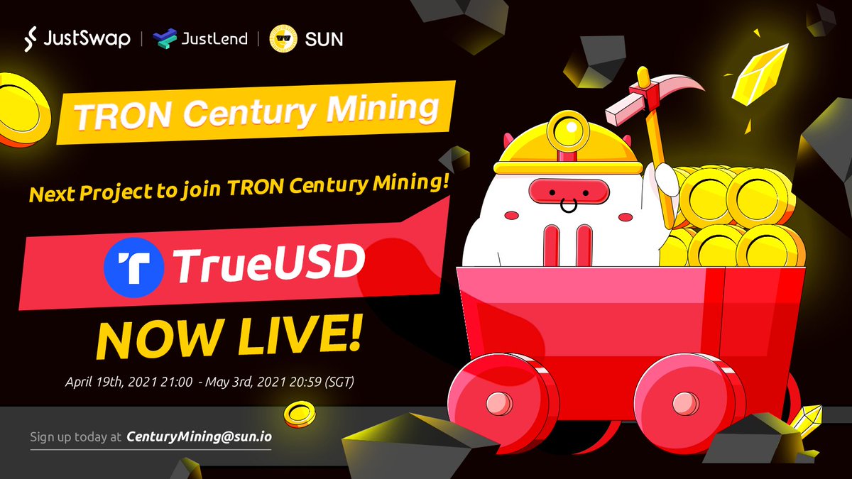 sunpumpmeme's tweet image. 🎉 #TRONCenturyMining @tusd_official TUSD-TRX LP pool NOW LIVE!🚀
 
⚒️Stake $TUSD for 5 rewards in #TRX, #BTT, #SUN, #JST, #WIN at SUN.io
 
1⃣Go to justswap.org, add liquidity to #TUSD-#TRX LP pool
2⃣Go to sun.io &amp;amp; stake LP tokens