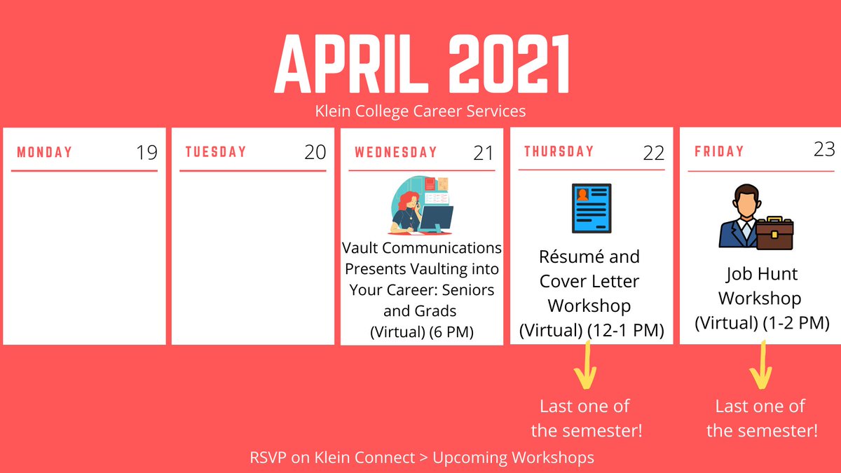 🌸☀️ It’s the last week of the semester! RSVP now for our final workshops of the school year!

Register for all workshops on Klein Connect > Upcoming Workshops