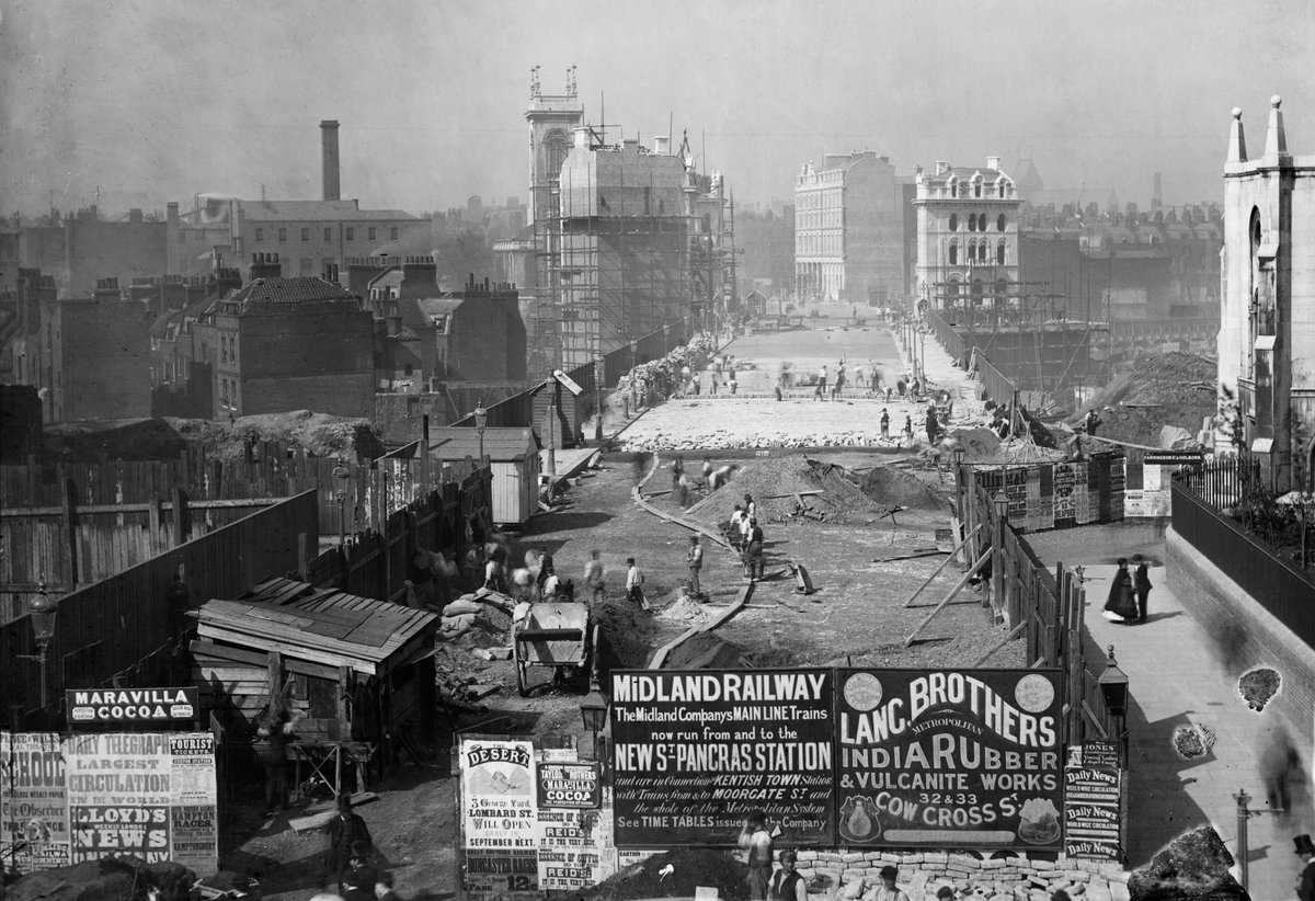 London 152 years ago, on Saturday 11th September 1869. This is the building of Holborn Viaduct. 
Zoom in: it's really ultra HD. You can even see a workman scratching his backside! The advertising hoardings are particularly interesting, including one for the new St Pancras Station