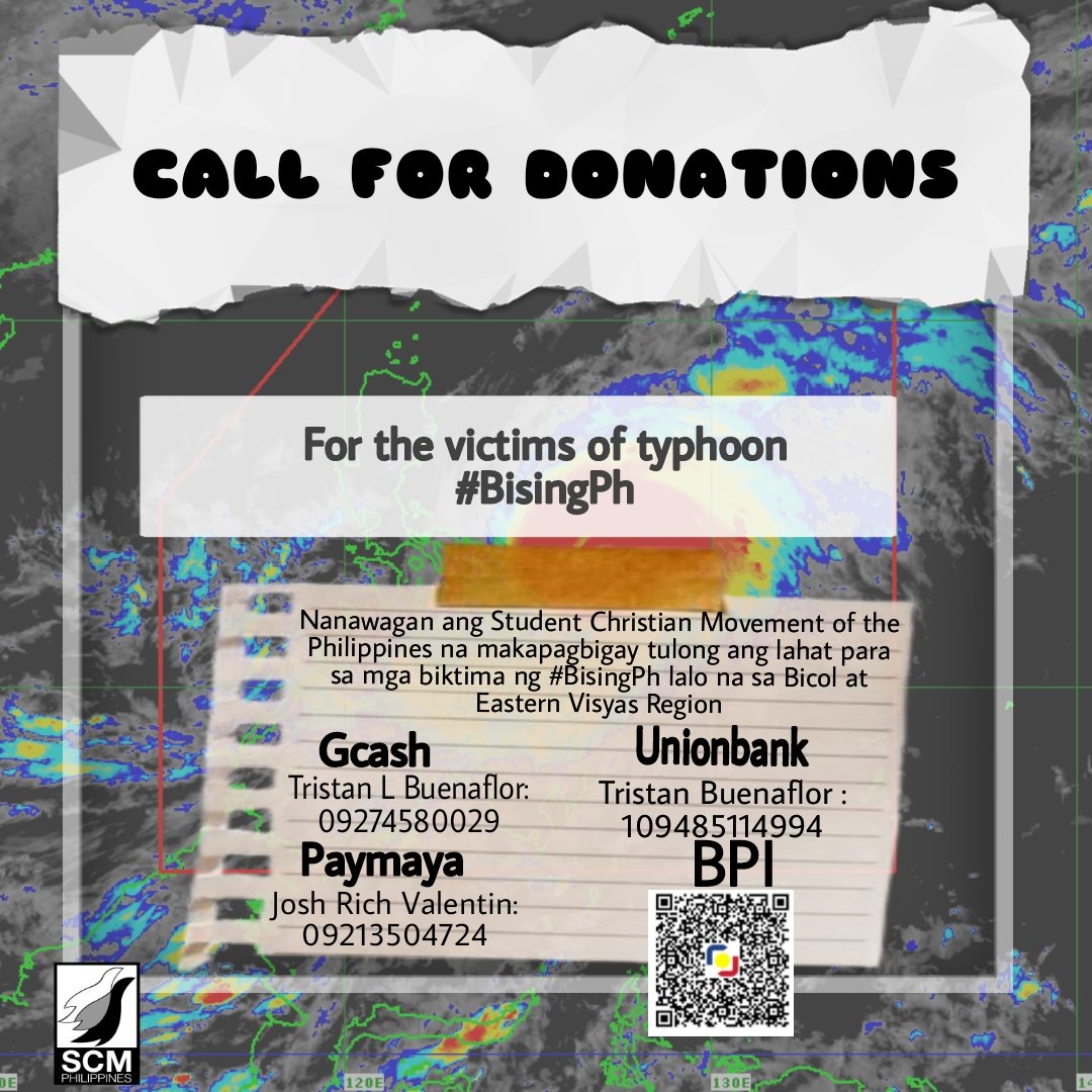 PilipinasScm's tweet image. CALL FOR DONATIONS! 

Nanawagan ang Student Christian Movement of the Philippines na makapagbigay tulong ang lahat para sa mga biktima ng #BisingPh lalo na sa Bicol at Eastern Visyas Region

#BisingPH 
#BicolNeedsHelp
#EasternVisayasNeedsHelp
#RescuePH
#TulongKabataan