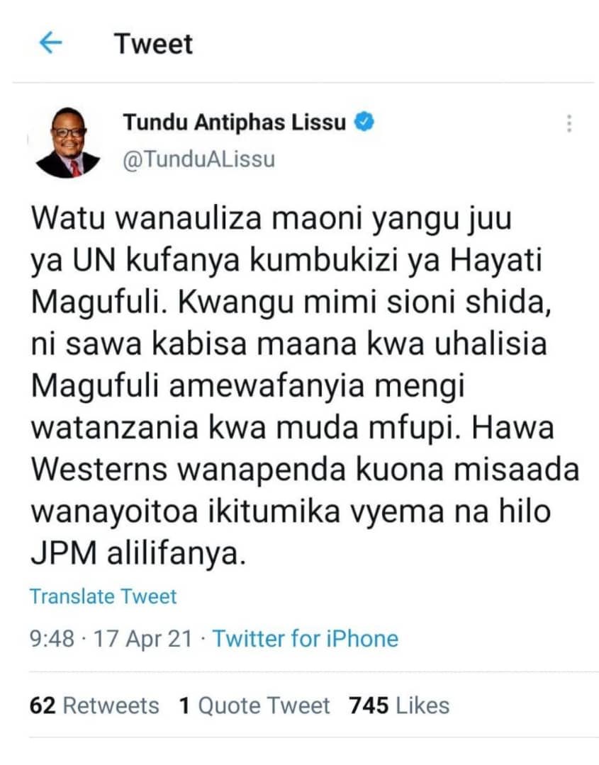 TunduALissu's tweet image. Huu sio ujumbe wangu. Baada ya maovu yake yote aliyowatendea Watanzania na ambayo niliyasema hadharani, kabla na baada ya kifo chake, siwezi kurudi nyuma na kuanza kumtukuza!