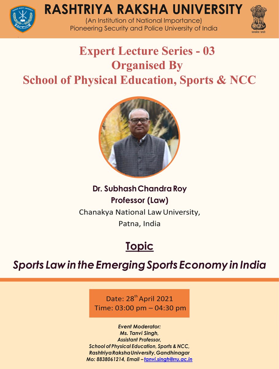 RakshaUni's tweet image. Our School of Physical Education, Sports &amp;amp; NCC (#SPESN) is here with an expert lecture on &quot;Sports Law in the Emerging Sports Economy in India&quot;.

Register here - forms.gle/cyne6Ydh7Gyx1v…

#Sports #SportsLaw #Law 
#SportsEconomy #CNLU #RRU