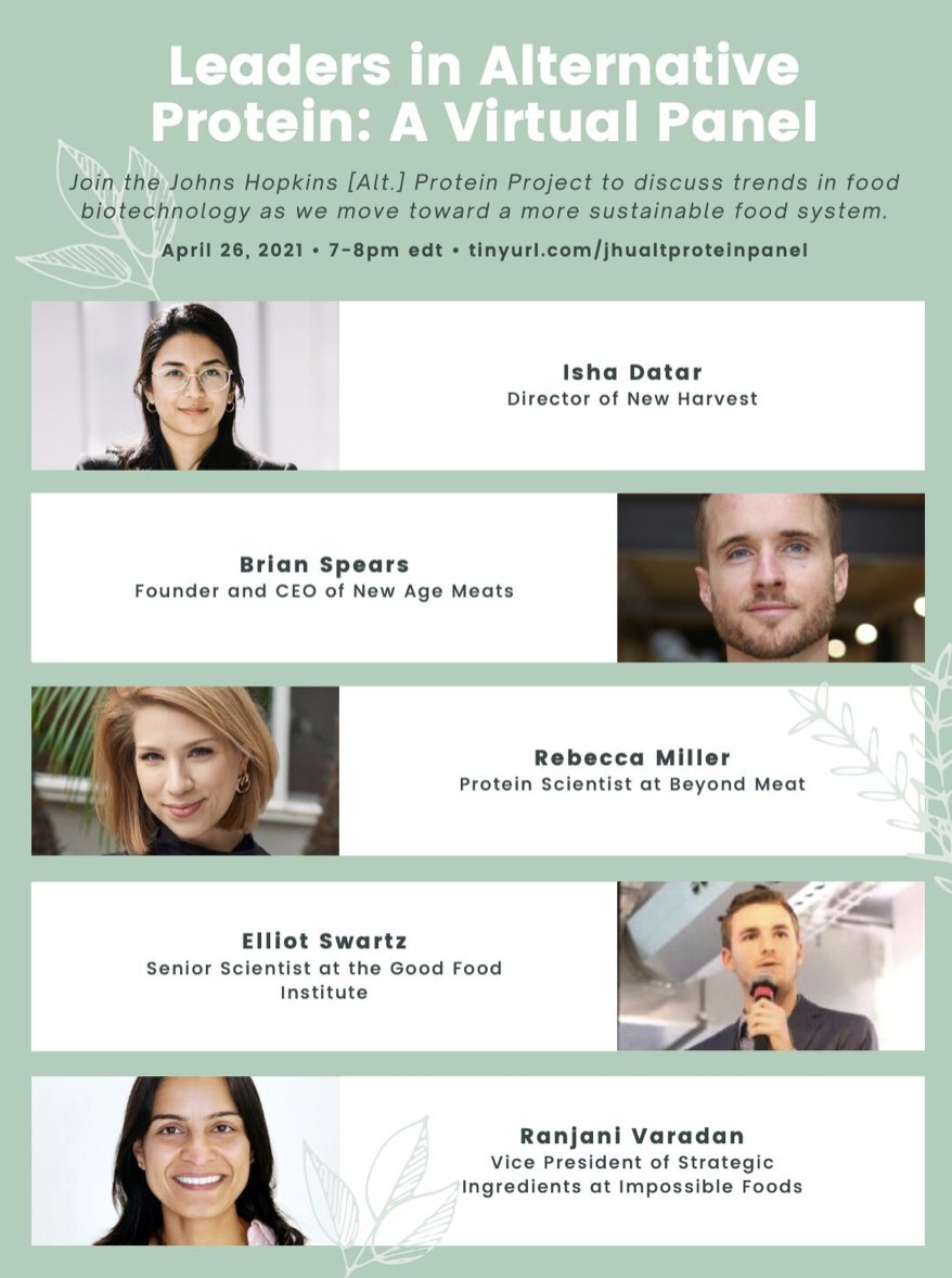 I'll be on a panel next week hosted by <a href="/JohnsHopkins/">Johns Hopkins University</a> alt. protein project alongside <a href="/IshaDatar/">Isha Datar</a> <a href="/BrianDSpears/">Brian Spears</a> and others. The event is open to the public, registration here: tinyurl.com/jhualtproteinp…