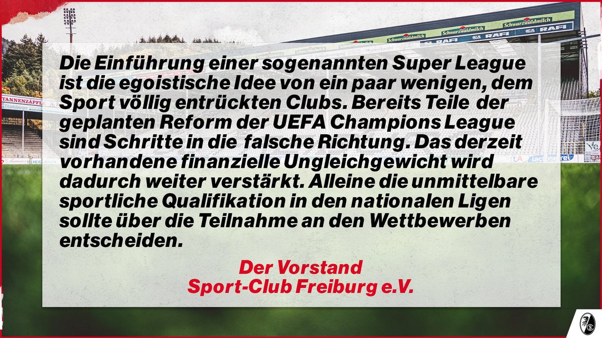 Der Vorstand des Sport-Club Freiburg e.V. bezieht Stellung zu den Plänen der sogenannten Super League.

bit.ly/SCF_SuperLeague
___
#SCF