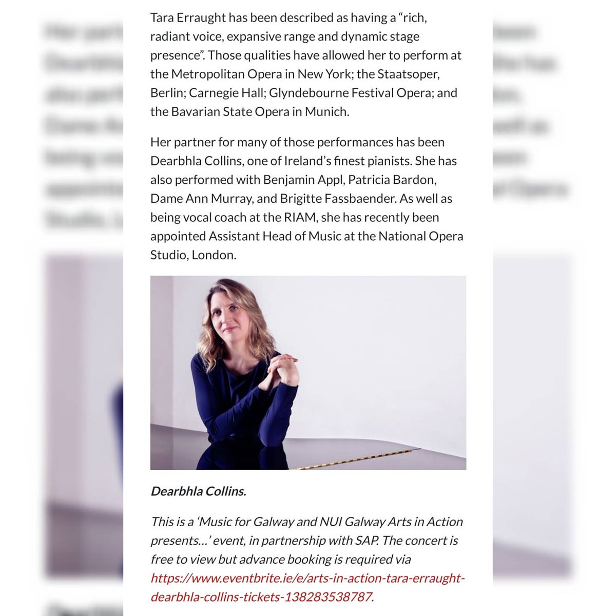 Article in @galwayad by @KernanAndrews on our upcoming free online concert with the talented Mezzo-Soprano @TaraErraught accompanied by @DearbhlaPiano 🔸Wed April 21st @1pm 🔸Booking: bit.ly/3am7qc3 In partnership with @NUIGArtsAction Supported by @SAPIreland