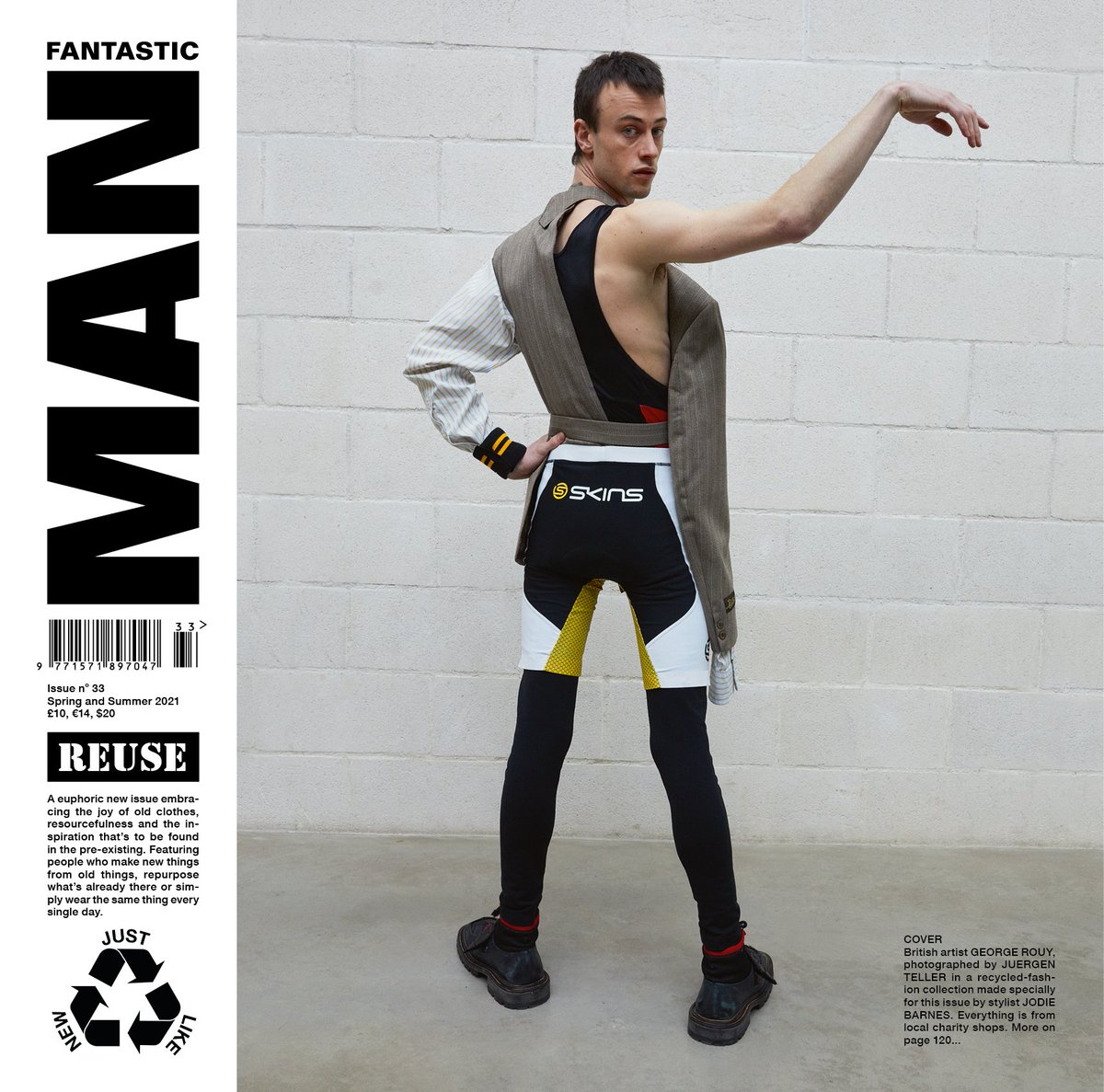 Announcement! Brand new and available very soon, the 33rd issue of Fantastic Man. On the cover, George is photographed by Juergen Teller, and styled in a completely recycled and reconstituted wardrobe by Jodie Barnes. #FM33 #REUSE