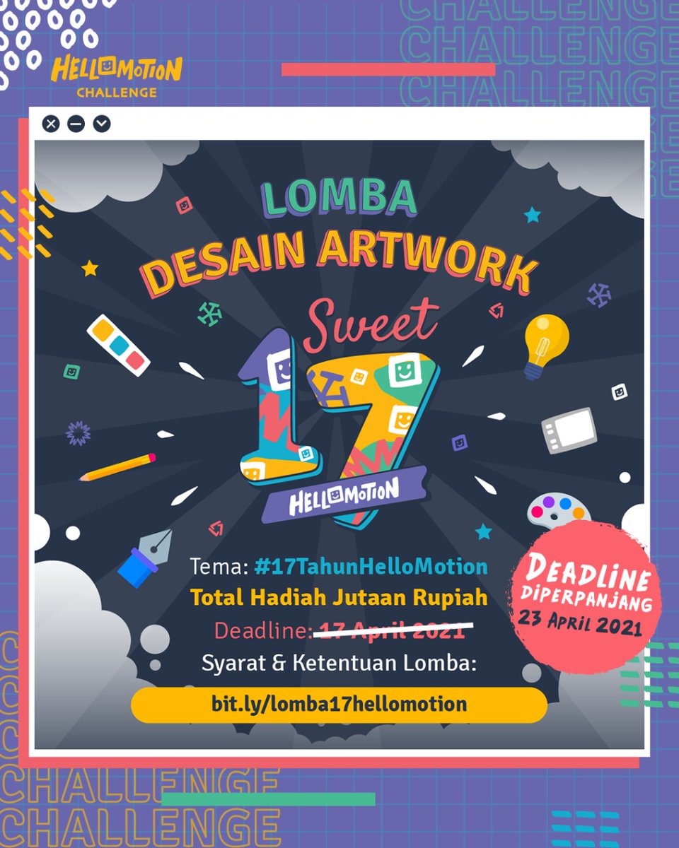 Lomba Desain Artwork Sweet Seventeen diperpanjang hingga 23 April 2021. Menangkan total hadiah jutaan rupiah. Info: bit.ly/lomba17hellomo…