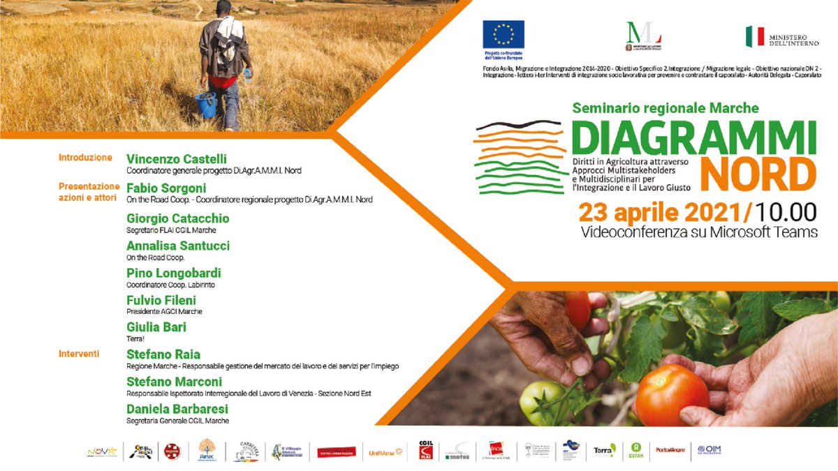 Il 23 aprile dalle 10:00 alle 12:30 si terrà il Seminario Regionale Marche per il lancio del progetto <a href="/DiagrammiNord/">Progetto Diagrammi Nord</a>, di cui siamo partner attuatori nel territorio marchigiano.

#trattaesfruttamento #sfruttamentolavorativo #caporalato #diagramminord