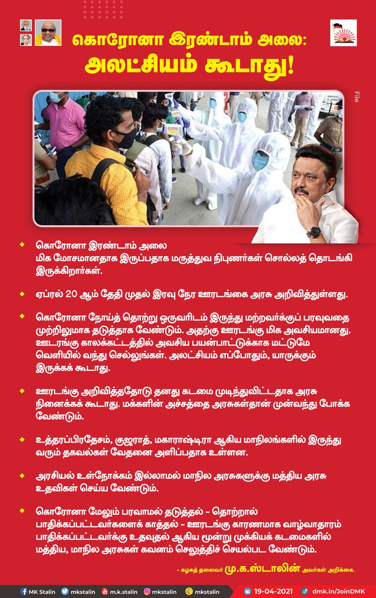 mkstalin's tweet image. #CoronaSecondWave குறித்து யாருக்கும் அலட்சியம் கூடாது. மக்கள் விழிப்புடன் இருக்க வேண்டும்!

பரவாமல் தடுத்தல் - பாதிக்கப்பட்டவர்களைக் காத்தல் - ஊரடங்கால் வாழ்வாதாரம் பாதிக்கப்பட்டவர்க்கு உதவுதல் ஆகிய முக்கியக் கடமைகளில் மத்திய - மாநில அரசுகள் கவனம் செலுத்திச் செயல்பட வேண்டும்.