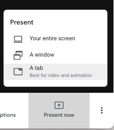 ❗#GoogleMeet tip: When sharing video/audio in a Meet,  'present tab' is the best option. Closing other unnecessary tabs and making sure #GoogleChrome is up to date are also good ideas to help things run smoothly. 😎 🎢#yougotthis <a href="/ugdsb/">Upper Grand DSB</a> @UGDSBCoaches