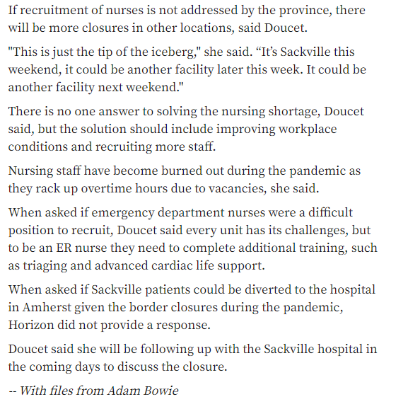 NBNU_SIINB's tweet photo. "If recruitment of nurses is not addressed by the province, there will be more closures in other locations, said Doucet. 'This is just the tip of the iceberg,' she said. 'It's Sackville this weekend, it could be another facility later this week." 

.@TimesTranscript @PaulaNBNU https://t.co/tvaApYqccz