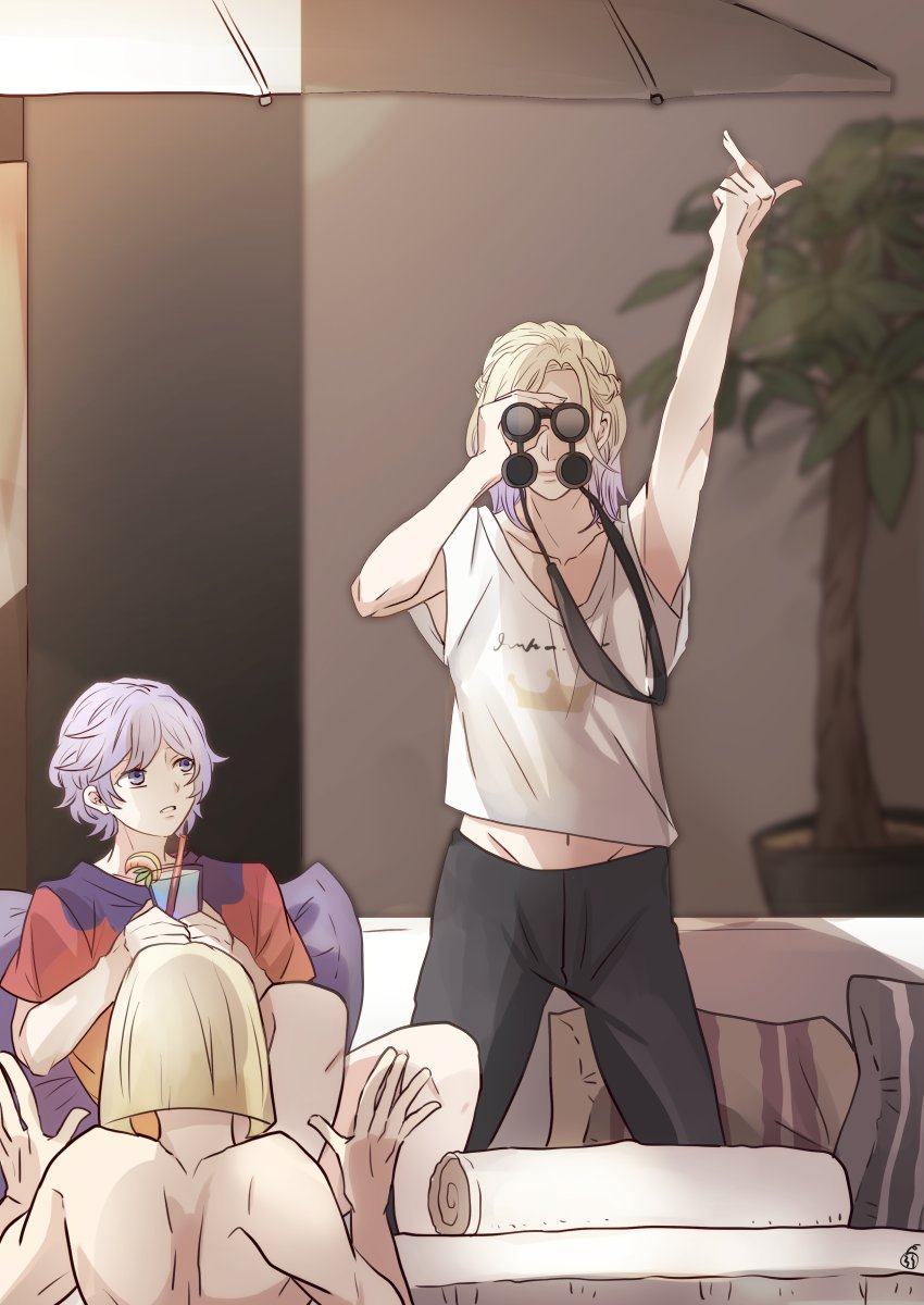 multiple boys purple hair blonde hair male focus couch shirt drinking  illustration images