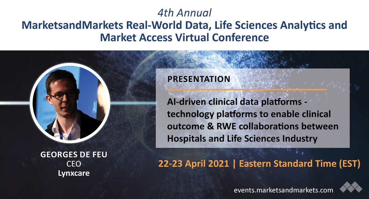 On April 22nd from 5:50 - 6:30 pm CET, our very own CEO, Georges De Feu, will be presenting at the 4th Annual MarketsandMarkets™ Real-World Data, Life Sciences Analytics, and Market Access Virtual Conference.

You can register by following this link: hubs.li/H0Ltj5t0
