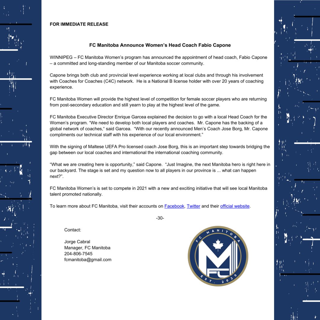 FCManitobaPPL's tweet photo. We are thrilled to announce the newest member to our coaching staff! Congratulations Fabio Capone, Head Coach of our FC Manitoba Womens Team! ⚽⚡

#FCMB #ManitobaSoccer https://t.co/7oRGZasorb
