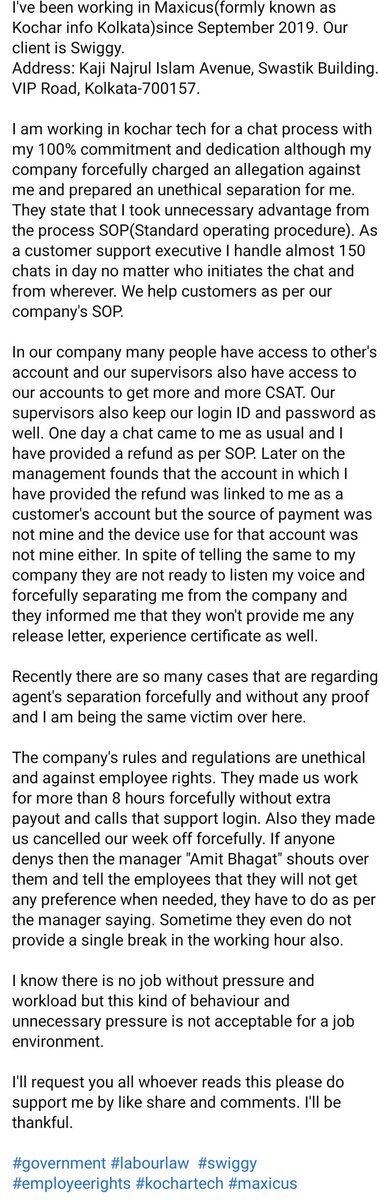 BasakKastury's tweet image. I am working in kochar tech for a chat process with my 100% commitment and dedication although my company forcefully charged an allegation against me and prepared an unethical separation for me. #swiggy #kochar #labourlaws #maxicus @SwiggyCares @narendramodi  @MamataOfficial