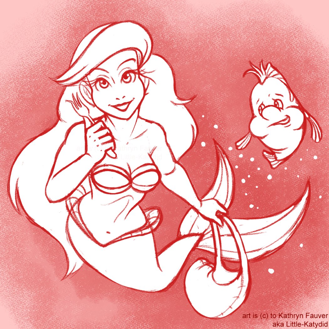 Here's the full sketch of Ariel, dinglehooper, bag, and Flounder included! This sketched posed lot of challenges for me, but I'm so happy I overcame them! #TheLittleMermaid #littlemermaid #Sketch #art #artontwitter #artistontwitter #disney #disneythelittlemermaid #illustration