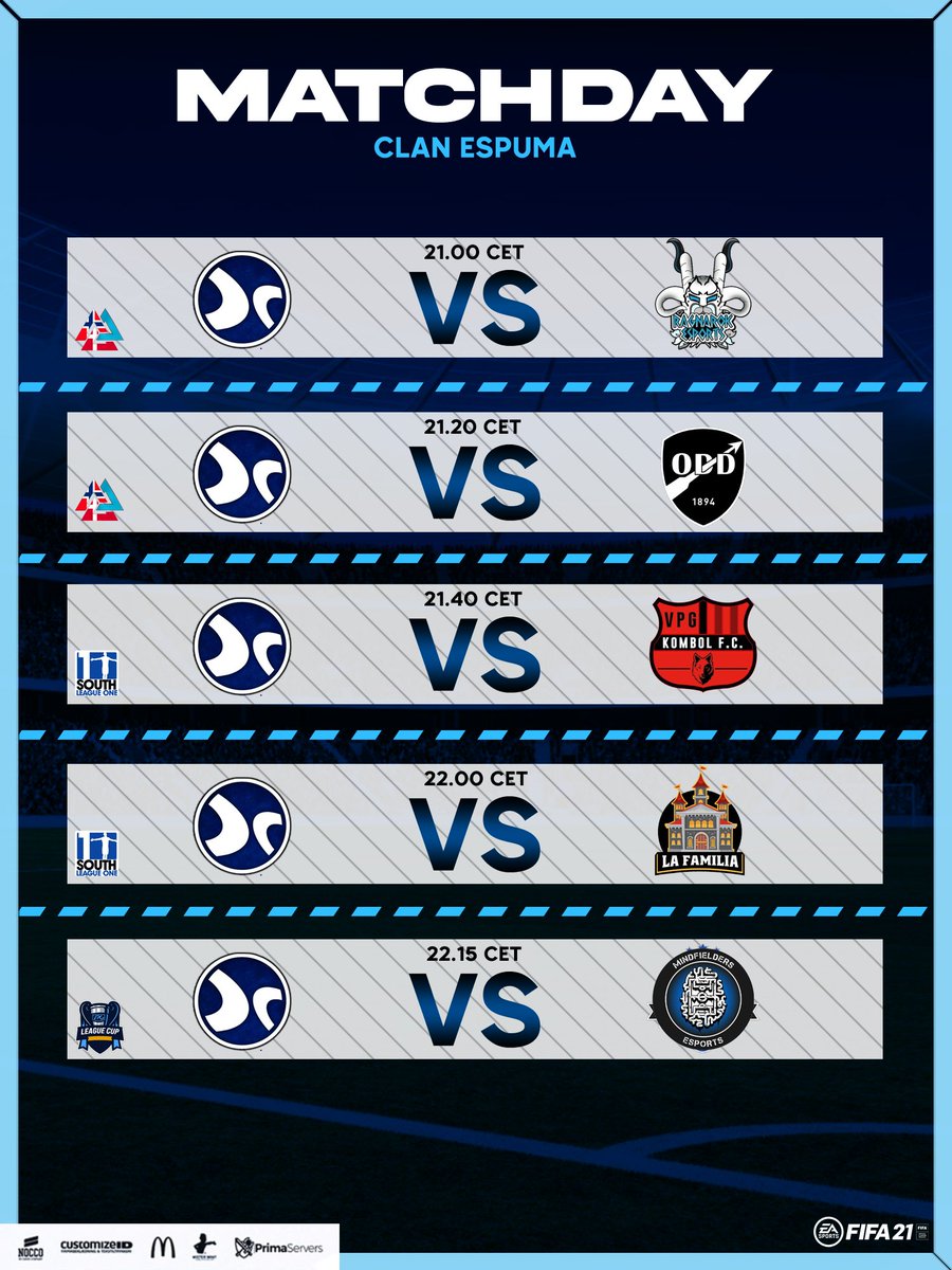⚫️ MATCHDAY ⚫️

🏆 l <a href="/ARCTICACL/">Arctic League</a> West
🆚 l <a href="/RagnarokEsport4/">Ragnarok Esport</a> 🇳🇴
🆚 l @Oddesport 🇳🇴

🏆 l <a href="/OfficialVPG/">Virtual Pro Gaming</a> League 1 South
🆚 l @EsportsKombol 🇬🇧
🆚 l <a href="/LaFamilia_ES/">La Familia eSports Team</a> 🇬🇧

🏆 l <a href="/OfficialVPG/">Virtual Pro Gaming</a> League eCup
🆚 l Mindfielders Esports 🇹🇷

📺 l twitch.tv/emil_sorensen2…

#RoarLikeEspuma