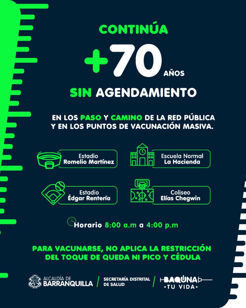 alcaldiabquilla's tweet photo. ¡Atención! Los adultos de 65 a 69 años pueden ingresar a https://t.co/NQGgd8NgQQ para agendar su vacunación. Ten en cuenta: hay un cupo límite diario, si no alcanzas, intenta al día siguiente. Personas de 70 años en adelante pueden asistir sin cita a los puntos habilitados. https://t.co/oN3yimORGr