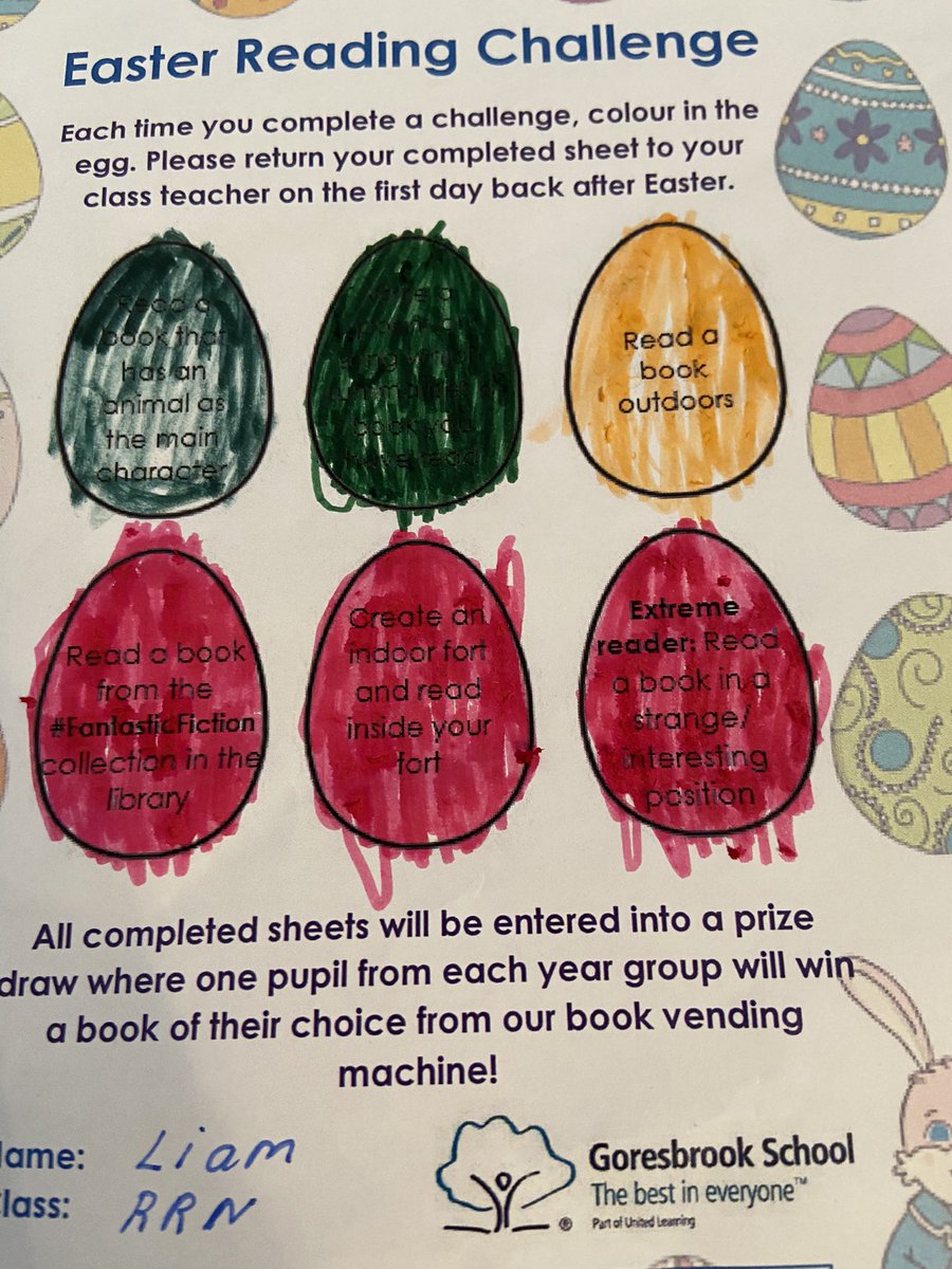 Laura59452973's tweet photo. @GoresbrookSc #EasterReadingGBS @MissNoble_GBS Liam’s Easter Reading challenge with Mr. Tiger 🐯 😃 https://t.co/LzrCyZ31zM