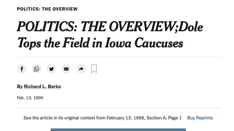 Heck, according to the NYT, Buchanan’s surprising close-2nd finish in the Republican Iowa caucuses— to Kansas Sen. Bob Dole — elevated him from protest candidate to legitimate contender.