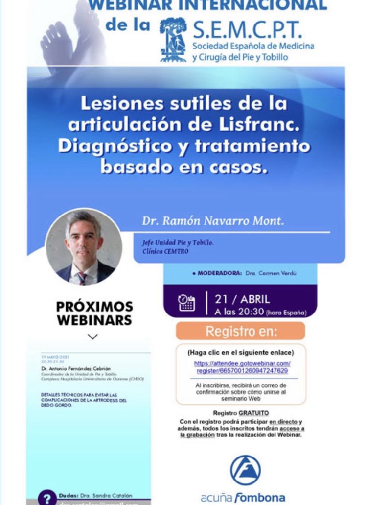 Dr. Ramón Navarro (@drramonnavarro) on Twitter photo Conoces el “ligamento de Liverpool” de la articulación tarso metatarsiana?
Discutiremos todos los temas de actualidad y controversia en las lesiones sutiles de Lisfranc este próximo miércoles
Webinar <a href="/semcpt1/">Sociedad SEMCPT</a>
Quedan dos días. Regístrate Conoces el “ligamento de Liverpool” de la articulación tarso metatarsiana?
Discutiremos todos los temas de actualidad y controversia en las lesiones sutiles de Lisfranc este próximo miércoles
Webinar <a href="/semcpt1/">Sociedad SEMCPT</a>
Quedan dos días. Regístrate