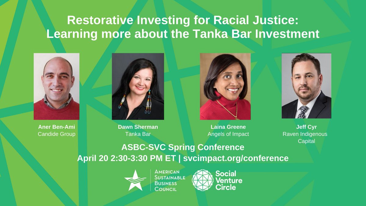 TOMORROW. April 20 at 2:30 pm ET: Join <a href="/ASBCouncil/">Find us @theASBN</a> + @svcimpact for a discussion about Restorative Investing for Racial Justice during the ASBC-SVC Spring Conference ft. <a href="/Anerbenami/">Aner Ben-Ami</a>, Dawn Sherman, <a href="/lainagreene/">lainagreene</a>, and our own <a href="/CyrJeff/">Jeff Cyr</a>!

Register: bit.ly/3dPzg0Y