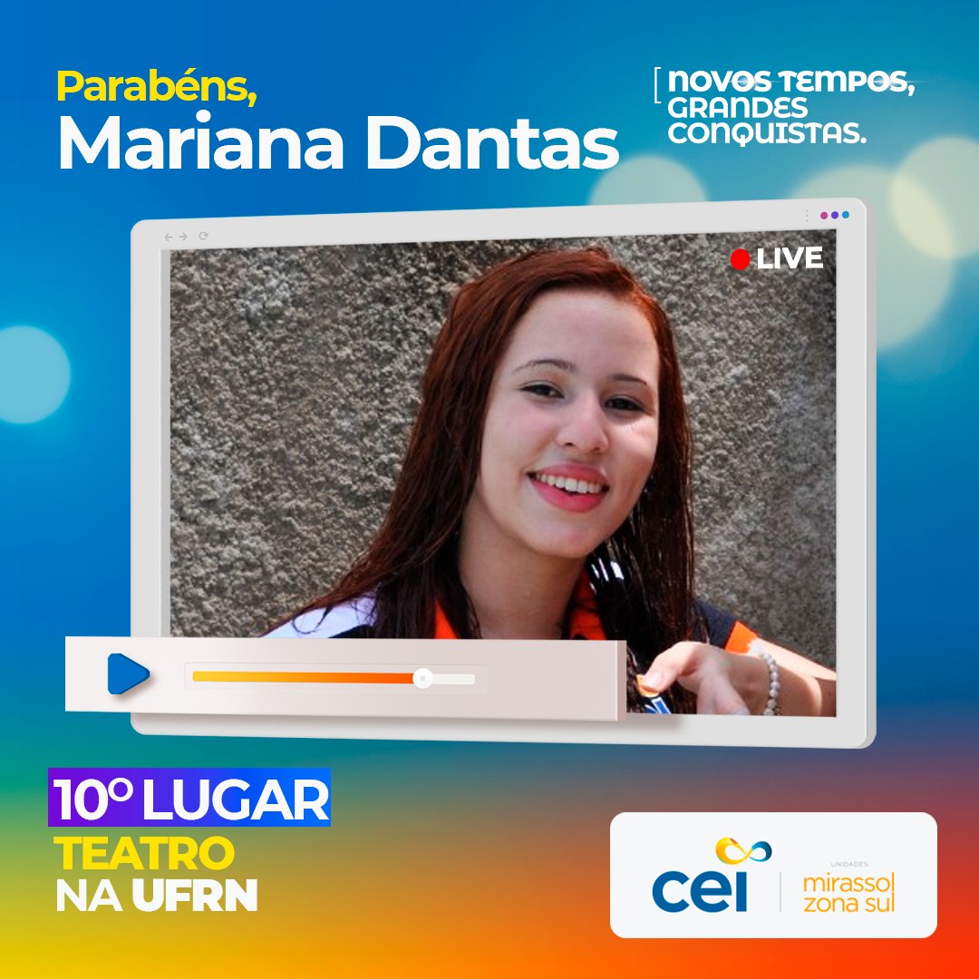 CeiMirassol's tweet photo. Hoje é só alegria e comemoração! 🎉 Parabéns, Mariana! Ficamos muito felizes com a sua conquista na UFRN no curso de Teatro. 🧡💙 É federal! https://t.co/THLAvRY5OZ