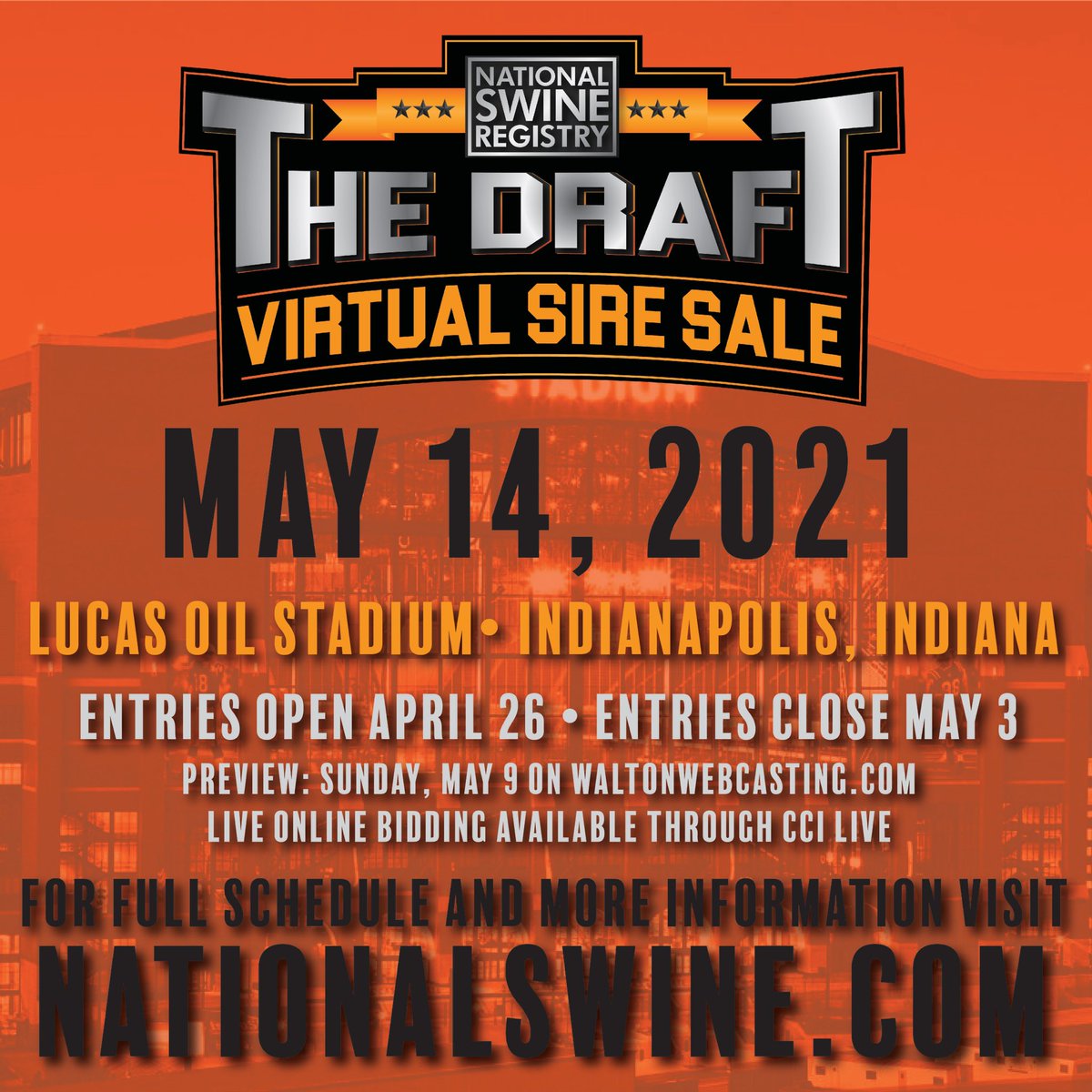 The #NSR Draft Virtual Sire Sale will be held Friday, May 14 at Lucas Oil Stadium in Indianapolis, Indiana. For more information and questions, contact NSR Field Staff, Mick Bellamy and Clay Parrish. For all information pertaining to #TheDraft2021, visit bit.ly/2YSKHiB.