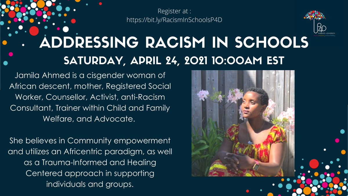 Introducing the speakers for the upcoming "Addressing Racism in Schools" webinar THIS Saturday, April 24th at 10:00am EST.

Meet Jamila Ahmed, a Registered Social Worker, Counsellor, Activist, anti-Racism Consultant, and Advocate.

Register: bit.ly/RacismInSchool…