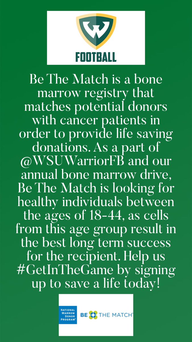 LukeBev2's tweet photo. @BeTheMatch and @WSUWarriorFB is looking for donors to join the bone marrow registry! If you would like to register to save a life today text “waynestatesaves” to 61474! #GetInTheGame #BeTheMatch #SaveALife https://t.co/jWv8f3JOfS