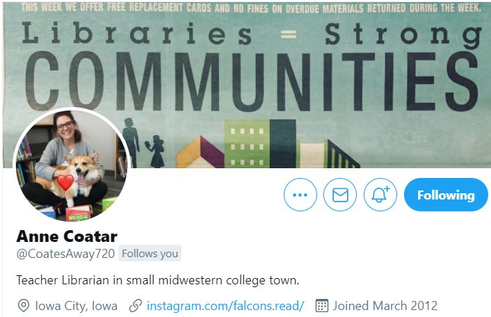 dianna_geers's tweet photo. Anne Coatar,@CoatesAway720 Teacher Librarian, hosts virtual book clubs over the lunch to connect with students when the library is physically closed. #SchoolLibraryMonth #GWAEALibs #ICCSDLibs https://t.co/HsGatNZBDB
