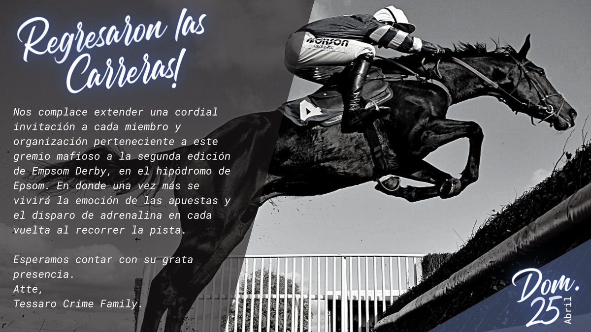 Queda prohibido ingresar al recinto con armas de fuego y objetos punzocortantes. Participantes y espectadores serán registrados en la entrada.

La seguridad del evento queda a cargo de los malditos
"Peaky Blinders" 🚬

¡No faltes!
(Los horarios serán publicados próximamente) 🏁🏇🏽